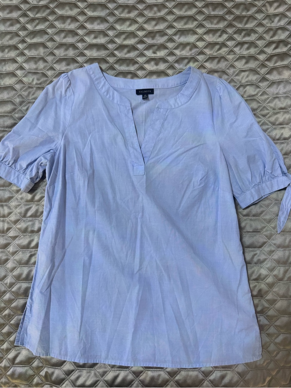 Talbots  Blue Split-Neck Cotton Tie-Sleeve Blouse